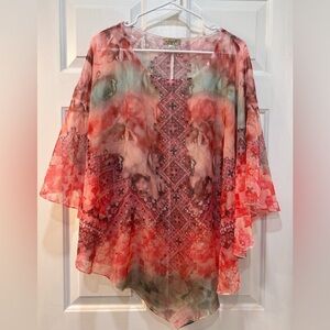 One World Pink Chiffon‎ Poncho Blouse Size XXL Embellished Fairy Whimsy Cottage